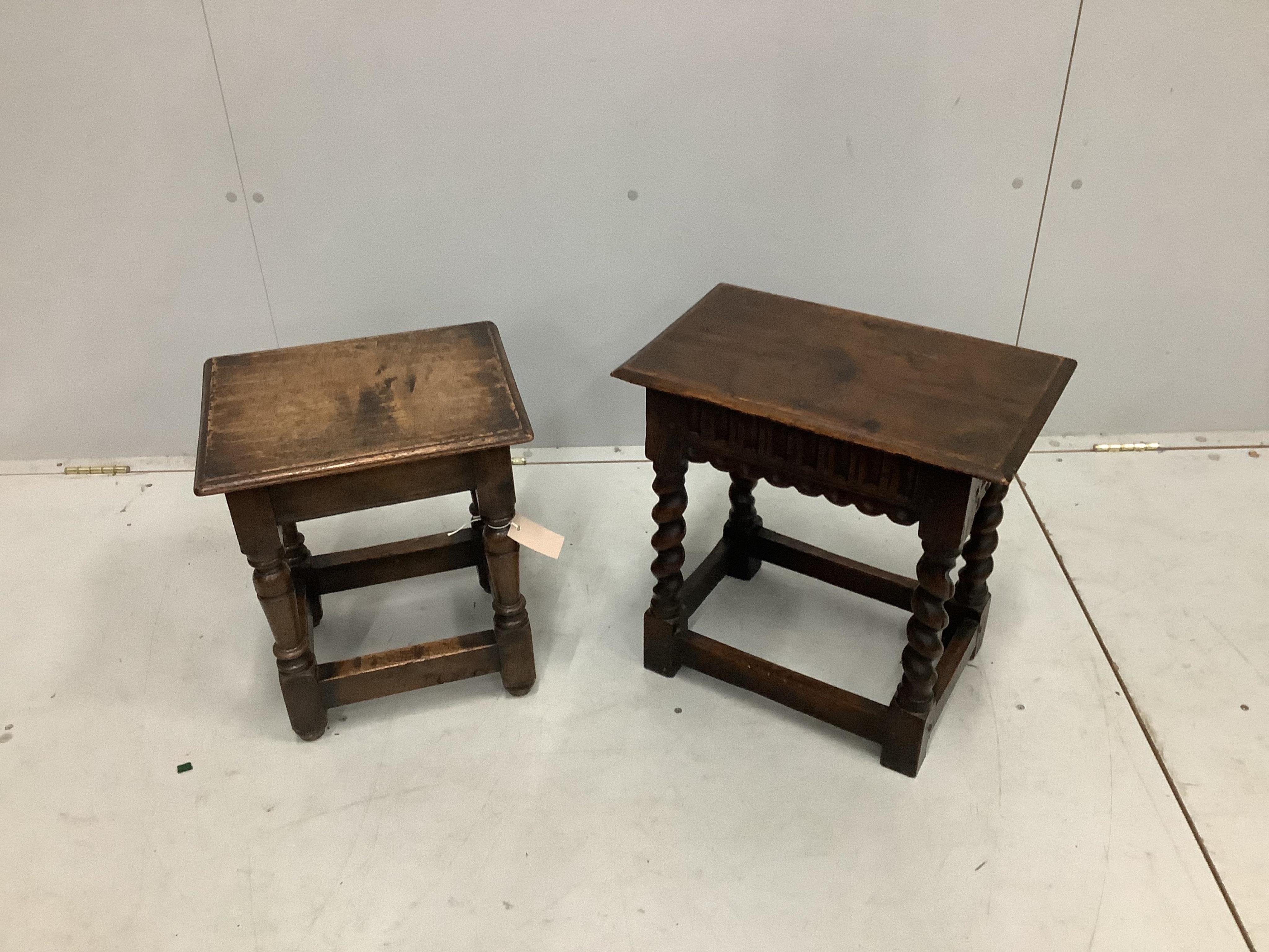 Two 17th century style rectangular oak joint stools, larger width 46cm, depth 28cm, height 46cm. Condition - fair